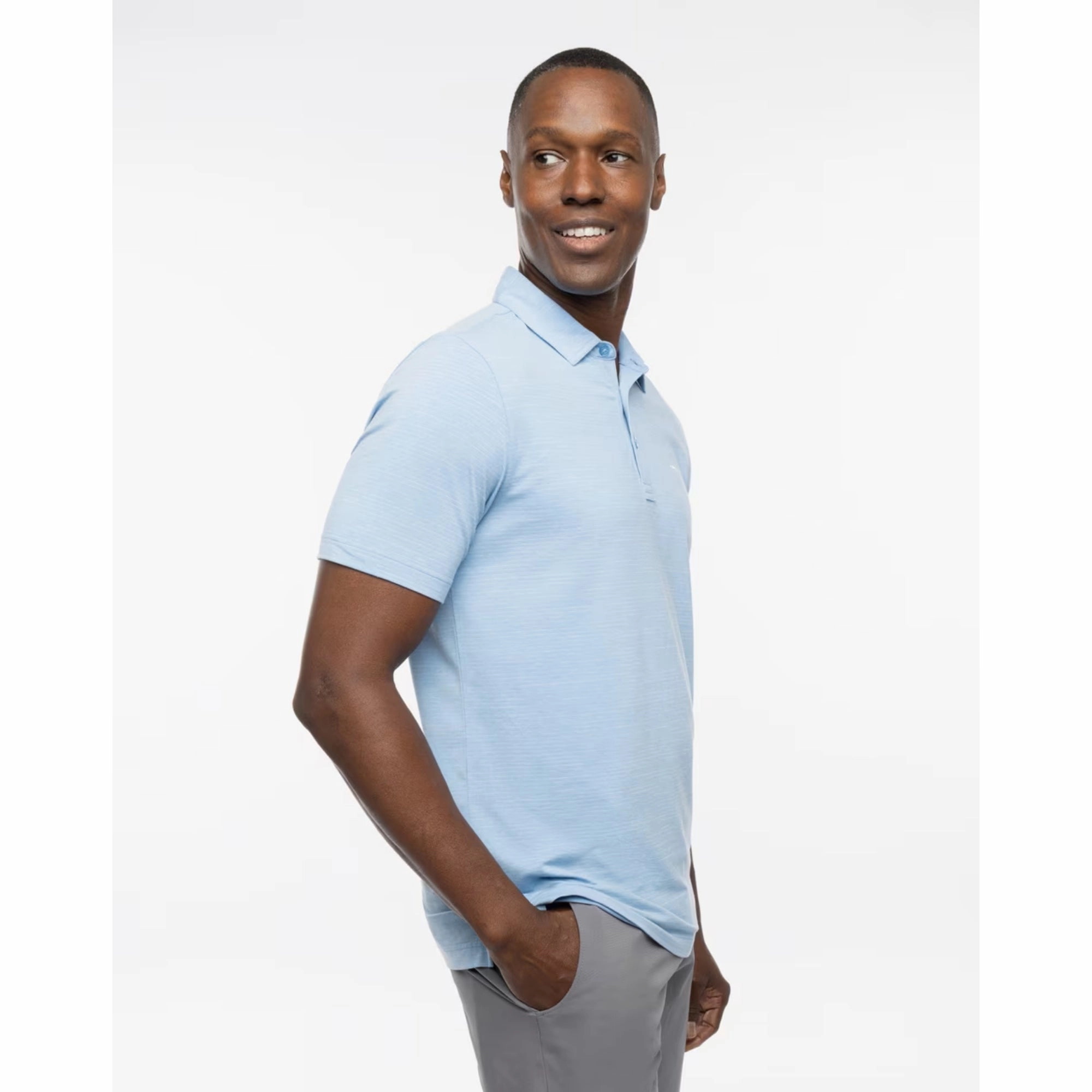 TRAVIS MATHEW MENS THE HEATER POLO - HEATHER HERITAGE BLUE Travis Mathew Men's Golf Apparel