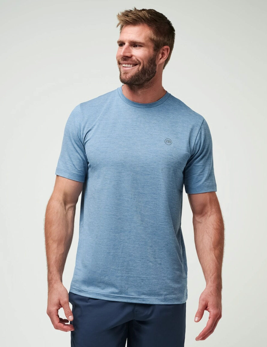 TRAVIS MATHEW SCENIC VISTA ACTIVE T-SHIRT - HEATHER COPEN BLUE Travis Mathew men's golf apparel