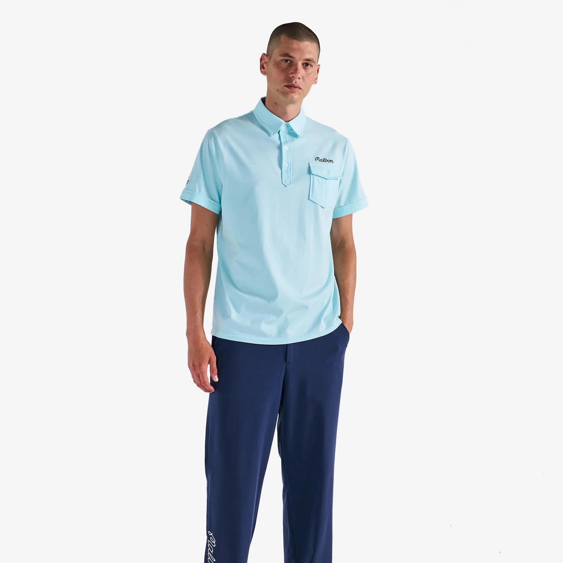 x Jesper Parnevik Single Pocket Cotton Polo Aqua Blue Malbon Men's Golf Lifestyle Wear