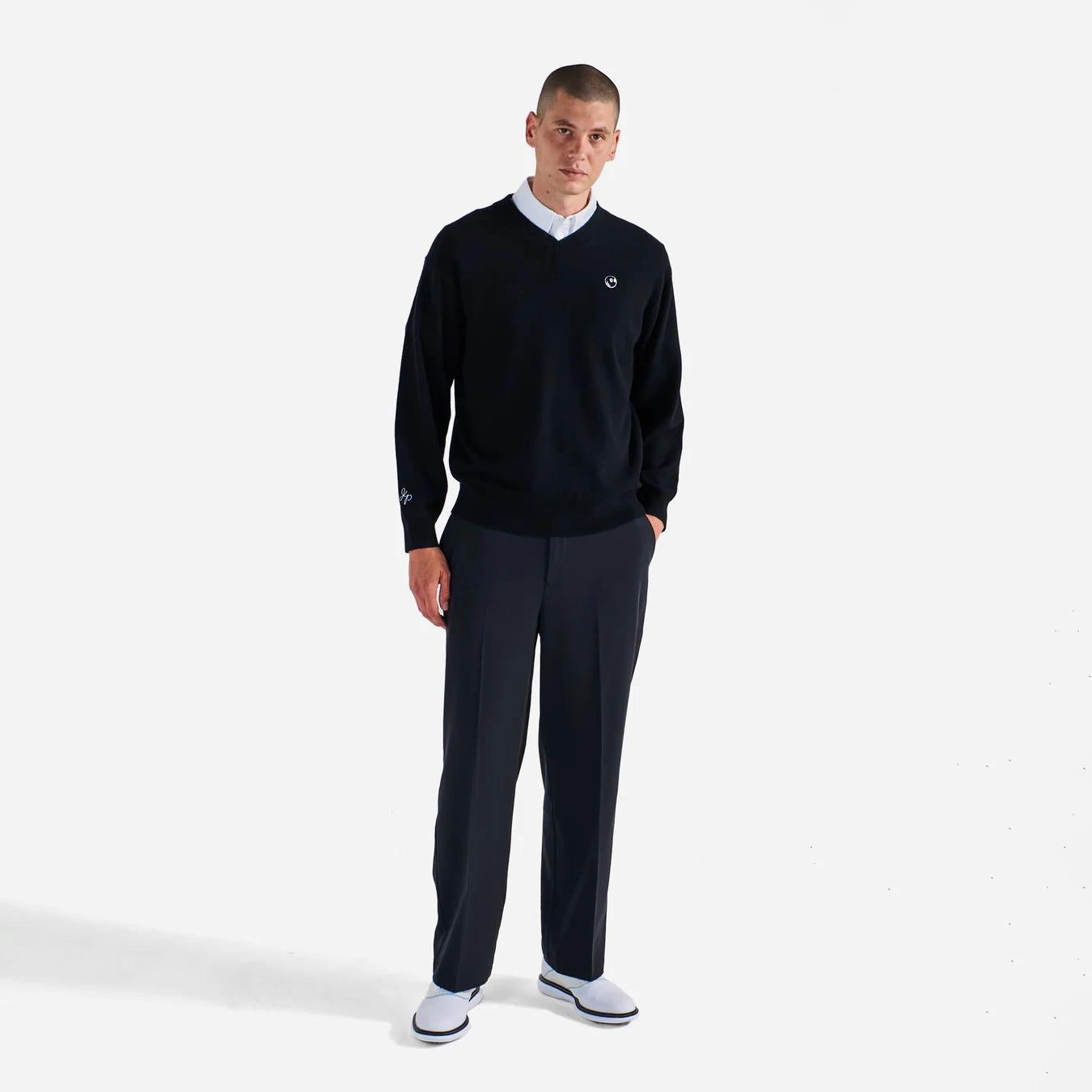 x Jesper Parnevik V-Neck Merino Wool Sweater Black Malbon Men's Golf Lifestyle Wear