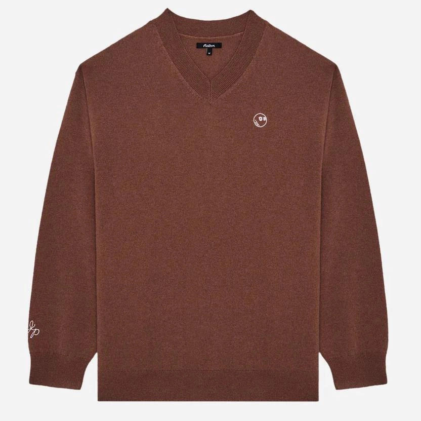 x Jesper Parnevik V-Neck Merino Wool Sweater Chocolate Malbon Men's Golf Lifestyle Wear