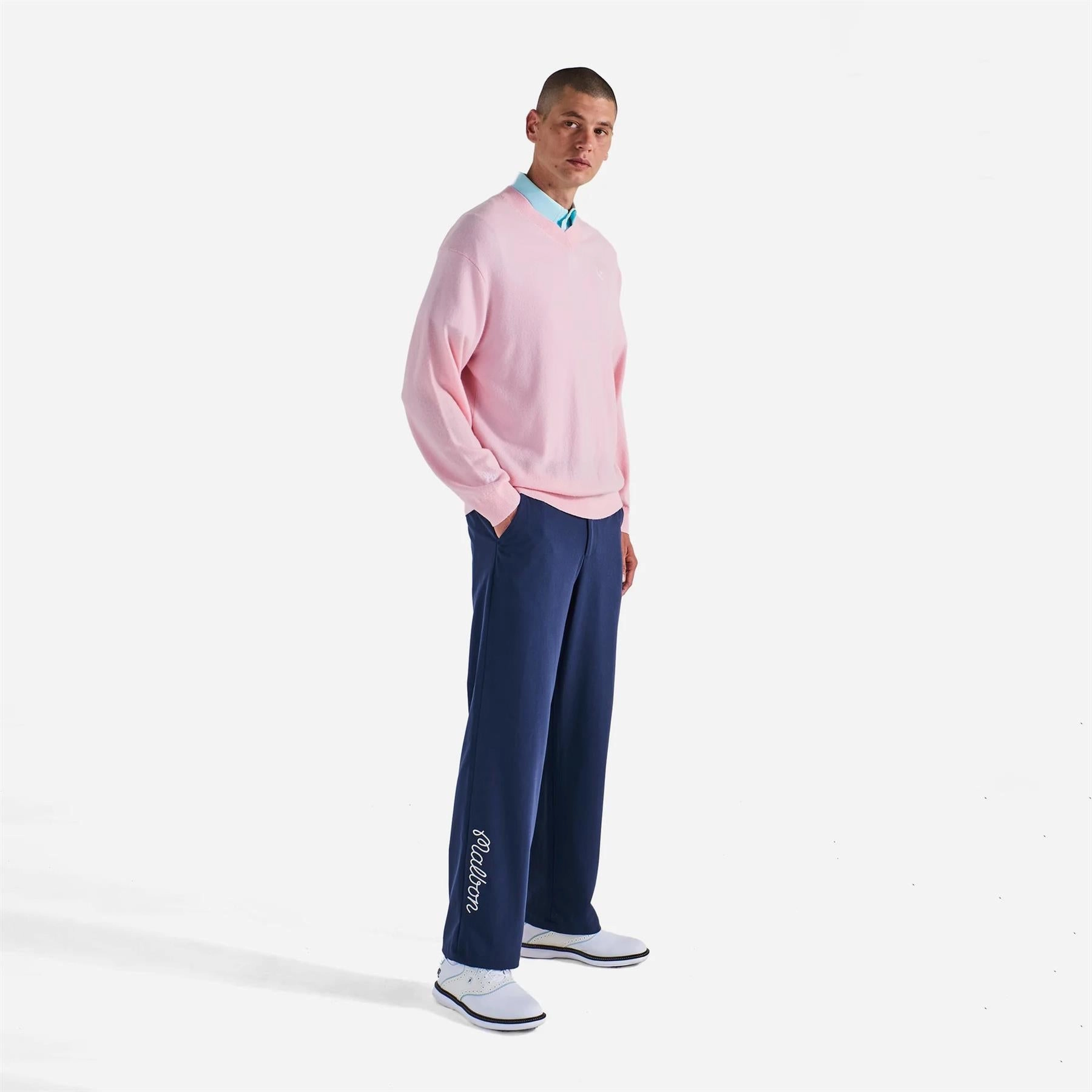 x Jesper Parnevik V-Neck Merino Wool Sweater Pink Malbon Men's Golf Lifestyle Wear